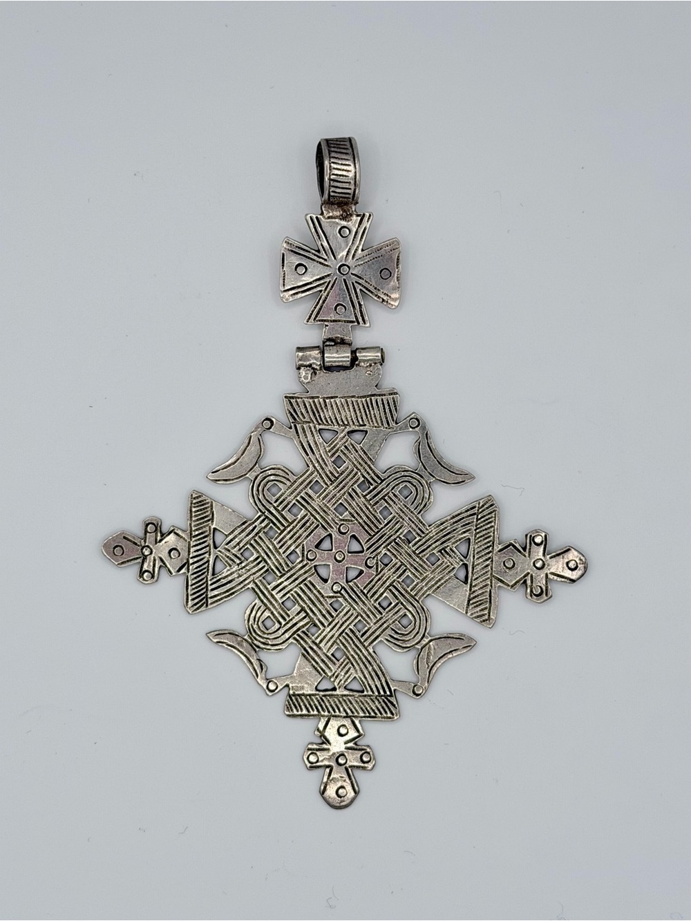 Vintage Ethiopian Cross Pendant Birds Large 5” Heavy 42g Silver Hinged Bale